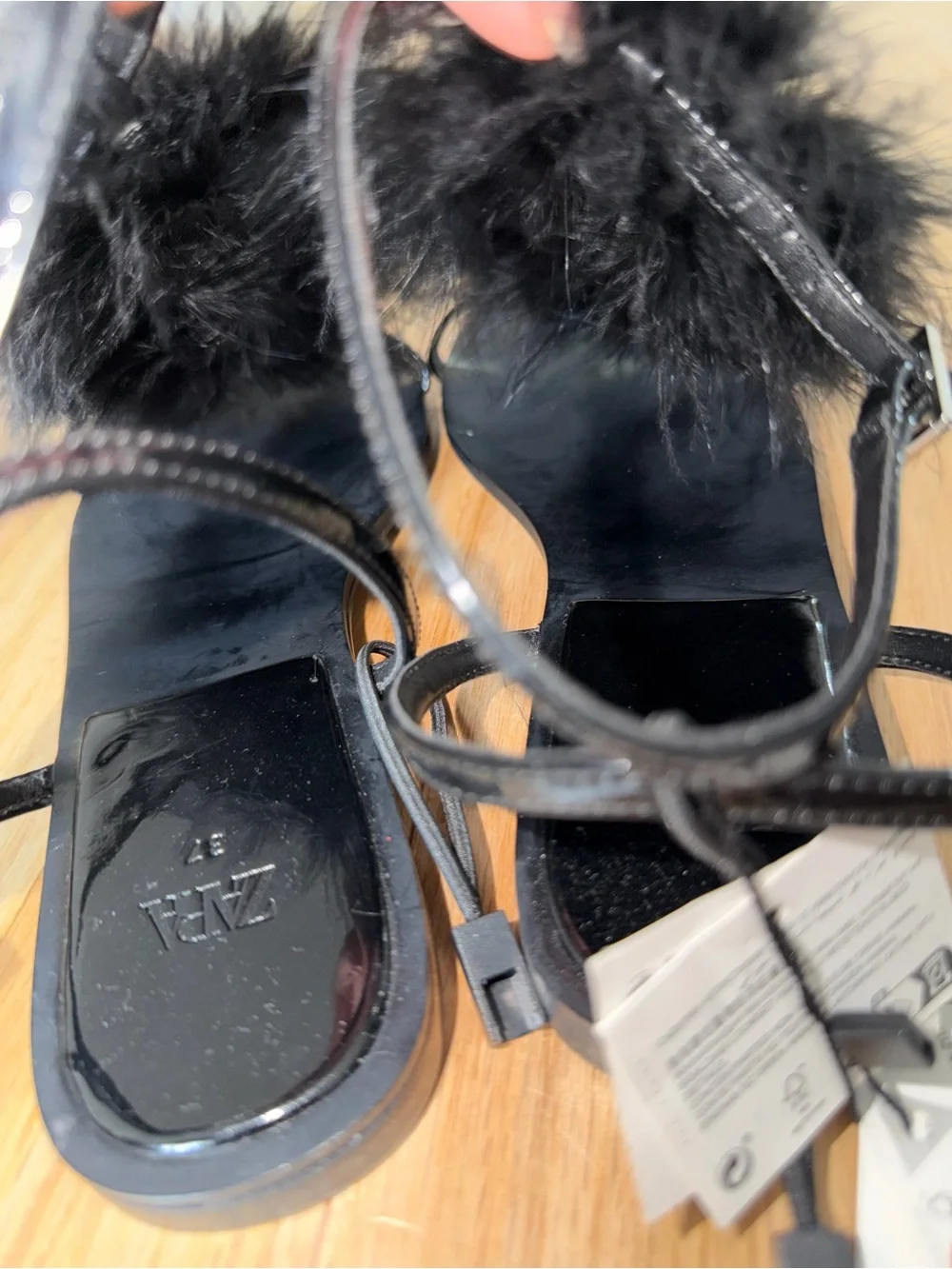 Zara Black Feather-Trim Strappy Sandals - Picture 5 of 6